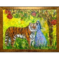 Original oil painting, Forest Fairy and Tiger, on canvas 60 * 80 cm